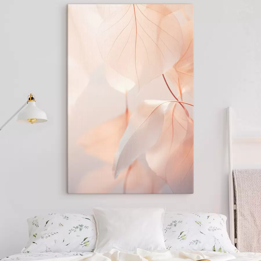 carta da parati Primo piano di foglie traslucide con venature delicate, tavolozza di colori bianco e pesca, sfondo sfocato nr. s45556