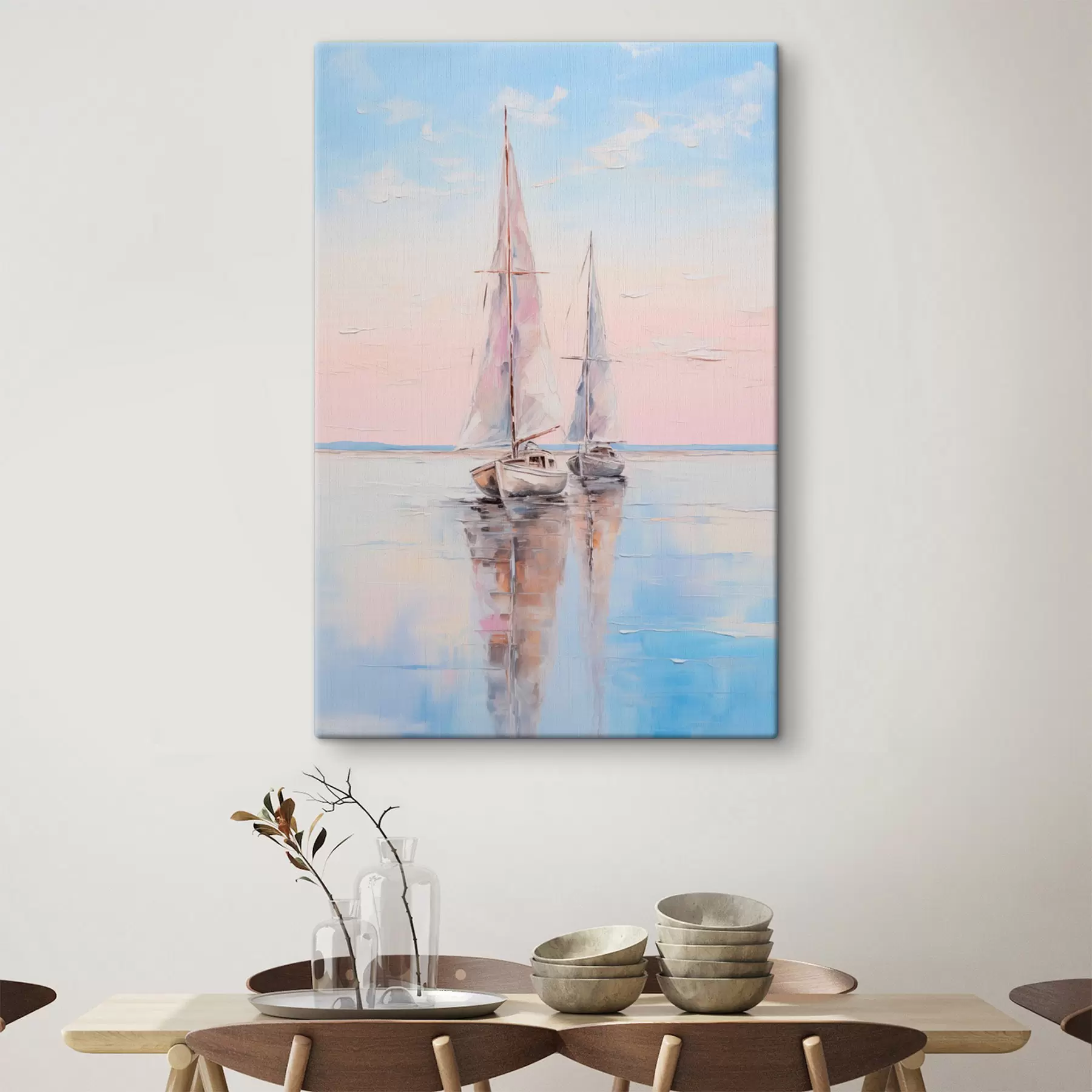 carta da parati Barche a vela con vele rosa che galleggiano su un mare calmo, riflessi delle barche nell'acqua, colori pastello tenui nr. s45558