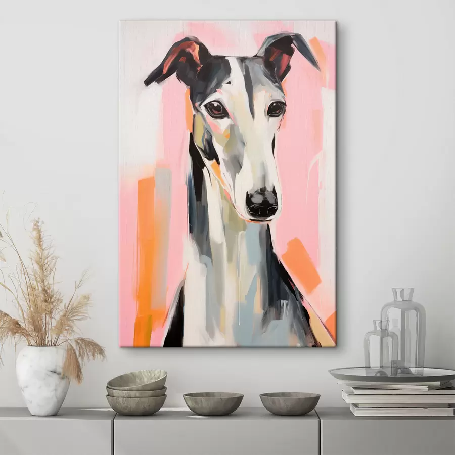 carta da parati Un levriero su uno sfondo di pennellate rosa, arancioni e bianche nr. s45566