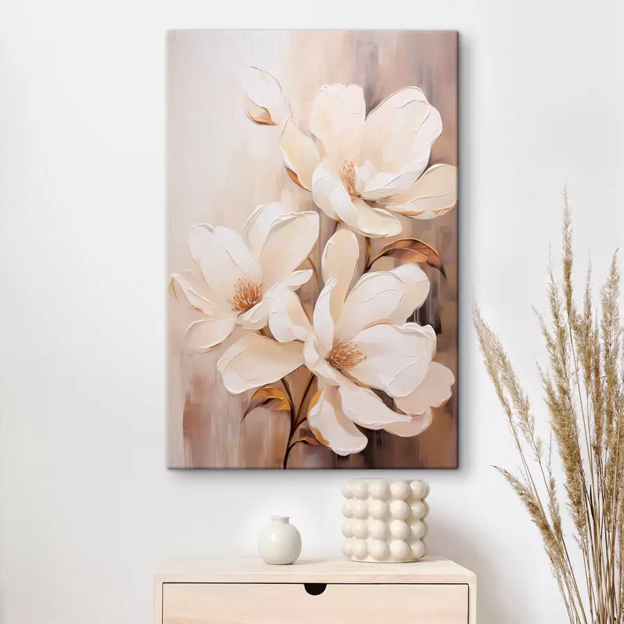 carta da parati Fiori di magnolia bianchi su uno sfondo morbido e sfocato di tonalità beige e marrone, elegante composizione floreale nr. s45571