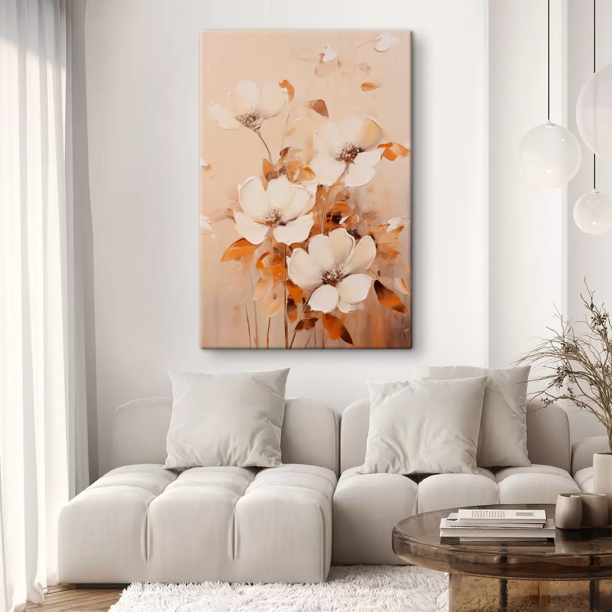 carta da parati Fiori bianchi con foglie arancioni, pennellate delicate, tavolozza di colori caldi, composizione elegante nr. s45573