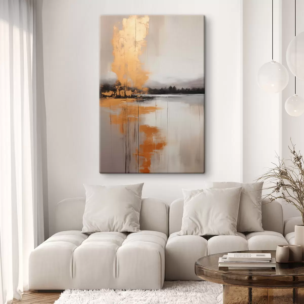 carta da parati Un paesaggio astratto con un lago, un albero e la nebbia gialla, l'acqua riflette e il cielo nuvoloso nr. s45575