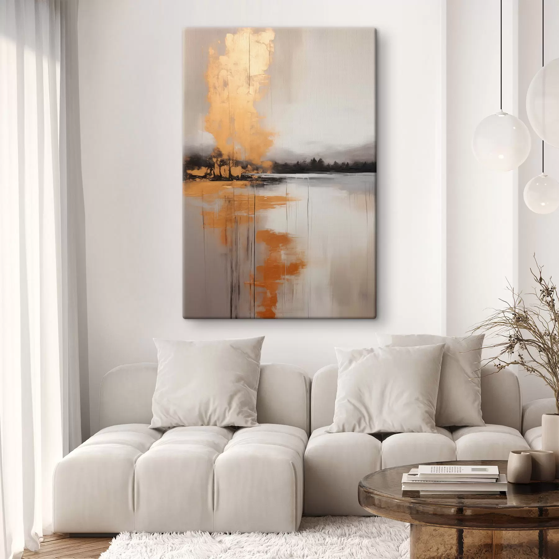 carta da parati Un paesaggio astratto con un lago, un albero e la nebbia gialla, l'acqua riflette e il cielo nuvoloso nr. s45575