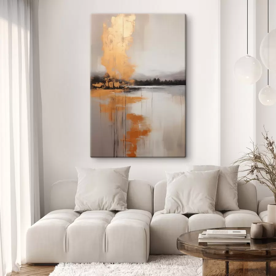 carta da parati Un paesaggio astratto con un lago, un albero e la nebbia gialla, l'acqua riflette e il cielo nuvoloso nr. s45575