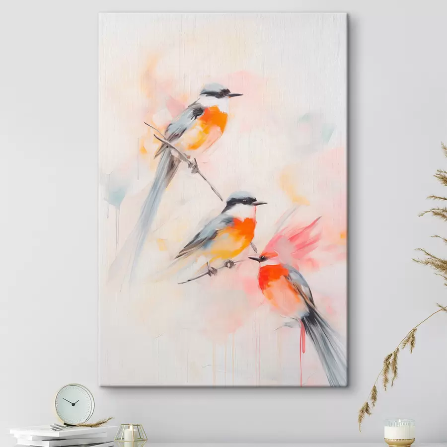 carta da parati Uccelli appollaiati sui rami, colori pastello tenui, sfondo chiaro con sfumature rosa e bianche nr. s45577