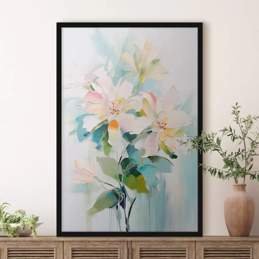 carta da parati Fiori con accenti colorati, foglie verdi, imitazione di pittura ad olio con pennellate morbide, sfondo blu chiaro nr. f45549