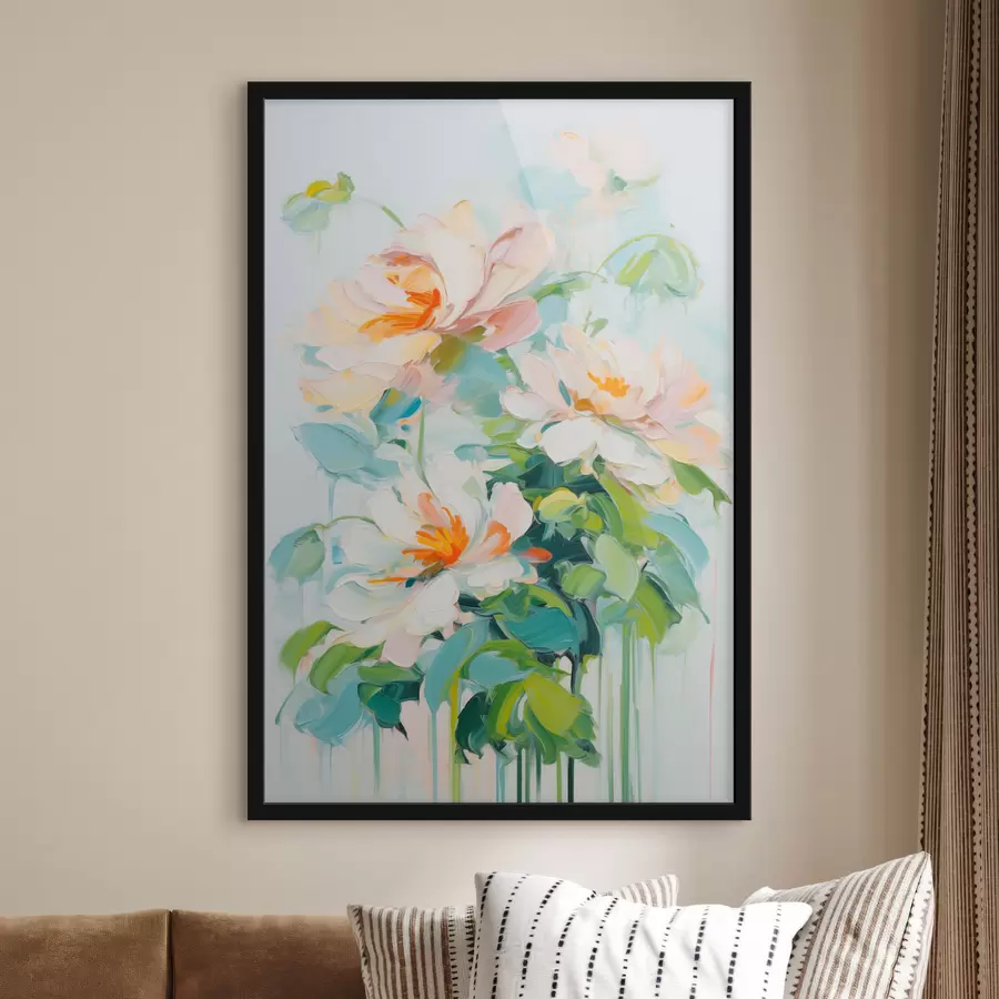 carta da parati Fiori di pesco bianchi e pastello, foglie verdi, imitazione di pittura ad olio con pennellate morbide, sfondo blu chiaro nr. f45550