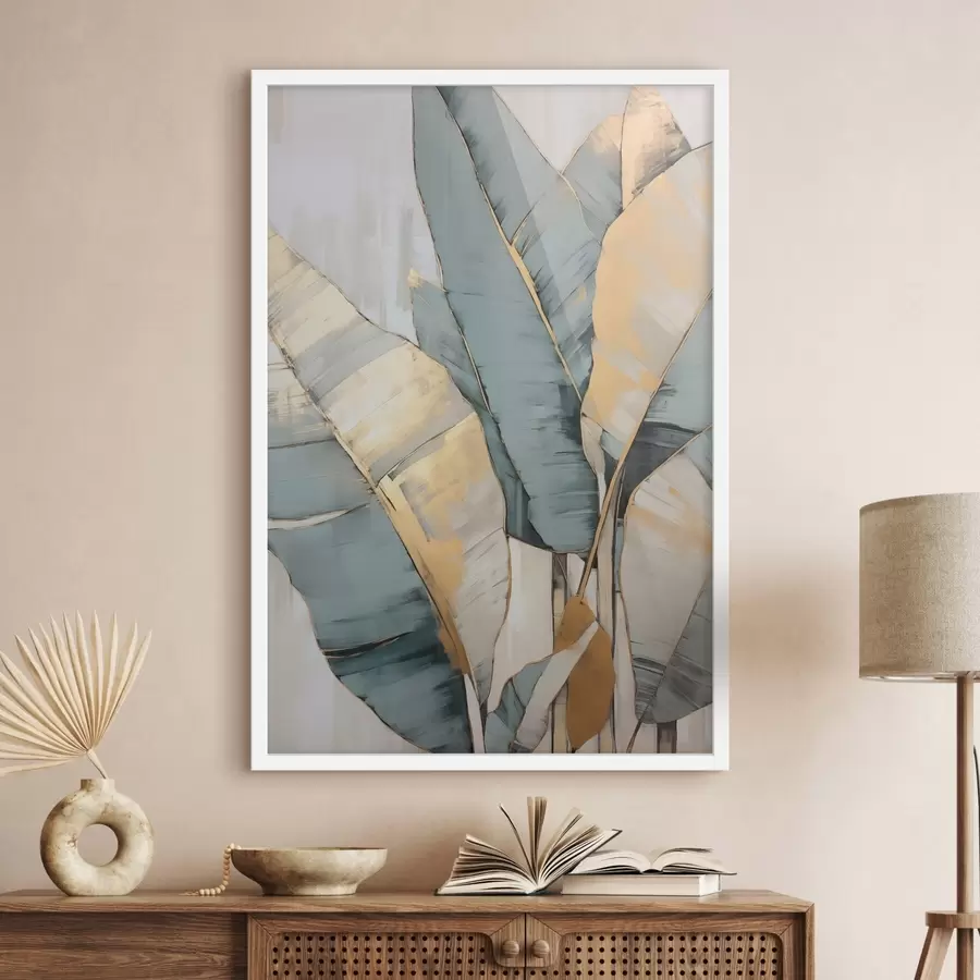 carta da parati Foglie di banano blu, grigie e gialle con pennellate visibili, su uno sfondo bianco astratto nr. f45552