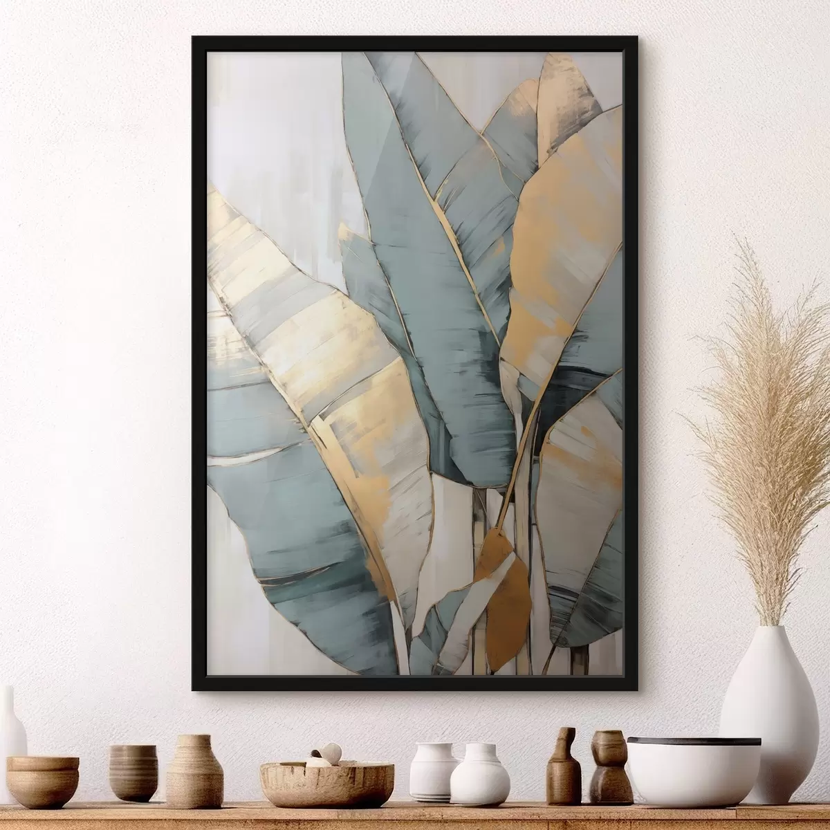 Poster Foglie di banano blu, grigie e gialle con pennellate visibili, su uno sfondo bianco astratto f45552