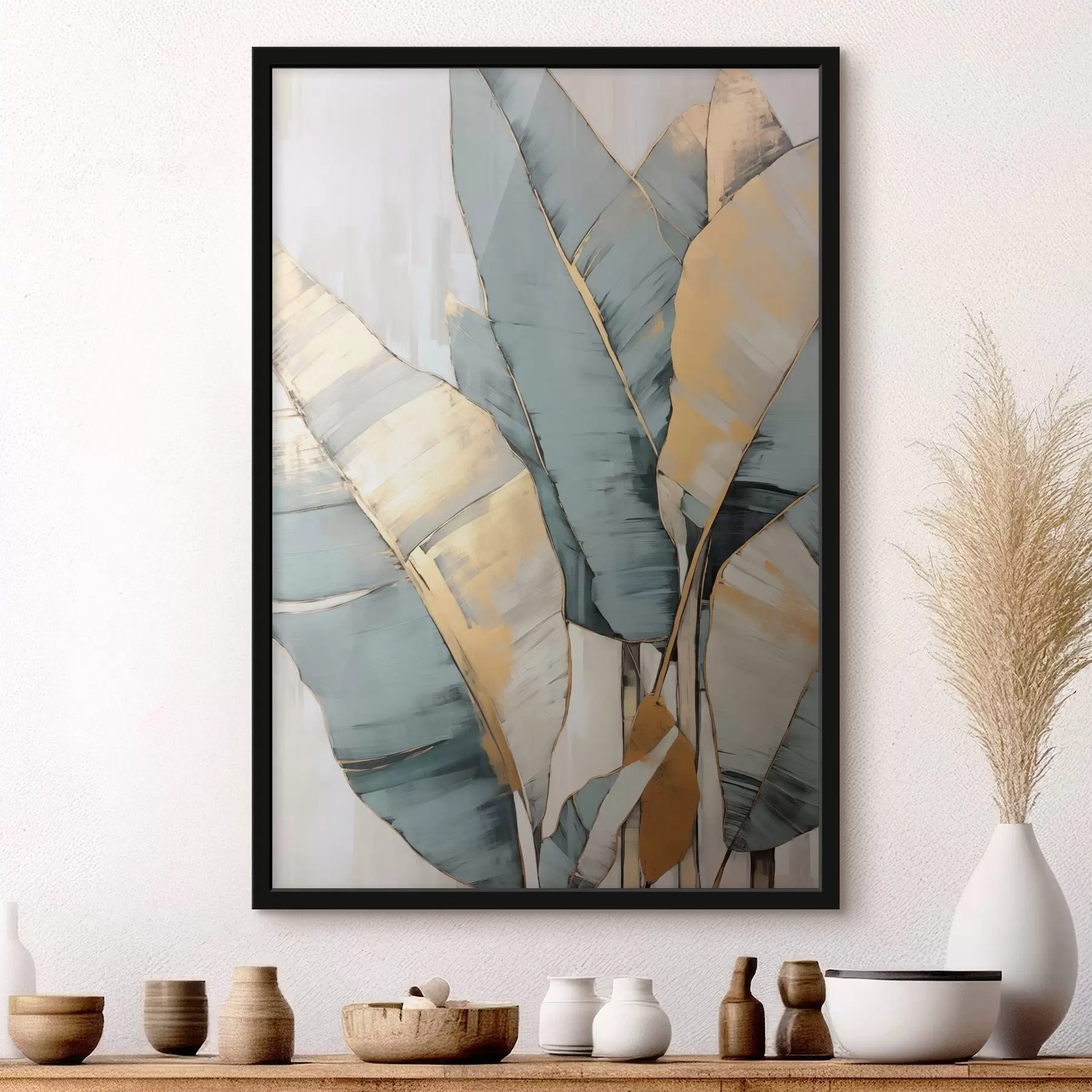 carta da parati Foglie di banano blu, grigie e gialle con pennellate visibili, su uno sfondo bianco astratto nr. f45552