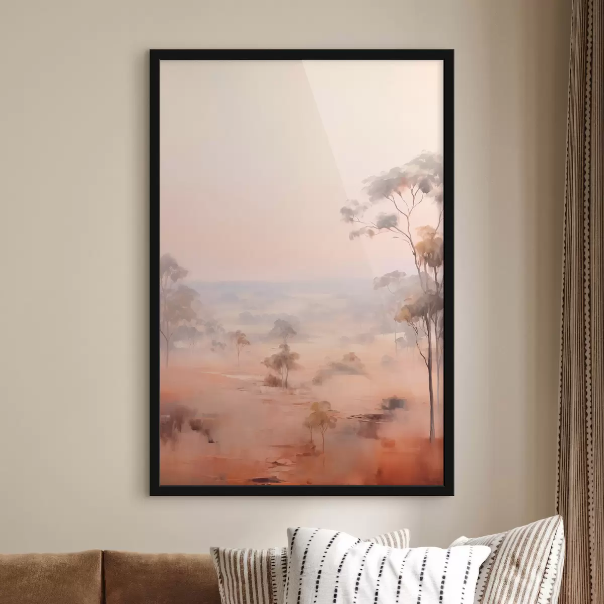 Poster Un paesaggio con cespugli e alberi nei toni pastello del rosa, dell'arancione e del marrone, con le montagne sullo sfondo f45554