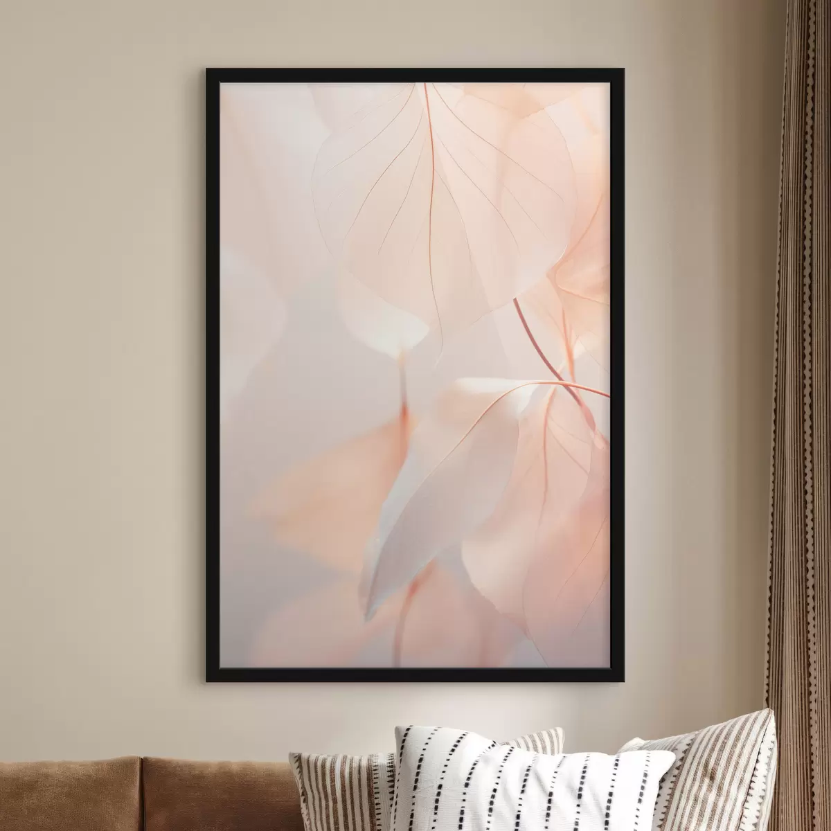 Poster Primo piano di foglie traslucide con venature delicate, tavolozza di colori bianco e pesca, sfondo sfocato f45556