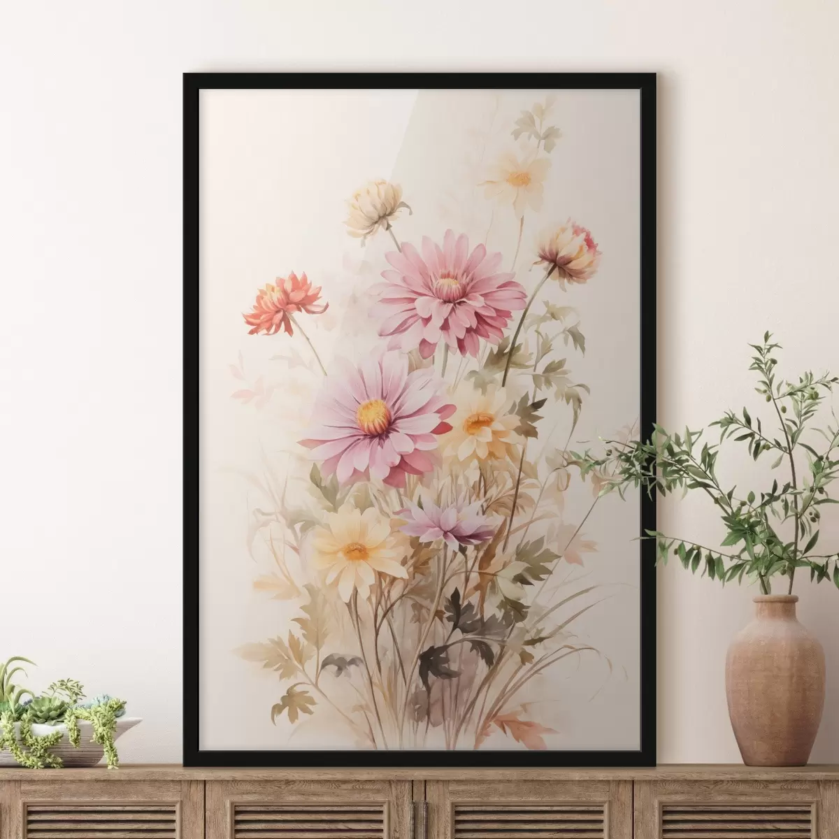 Poster Un bouquet di fiori colorati, stile acquerello morbido, su uno sfondo chiaro, illustrazione botanica f45560
