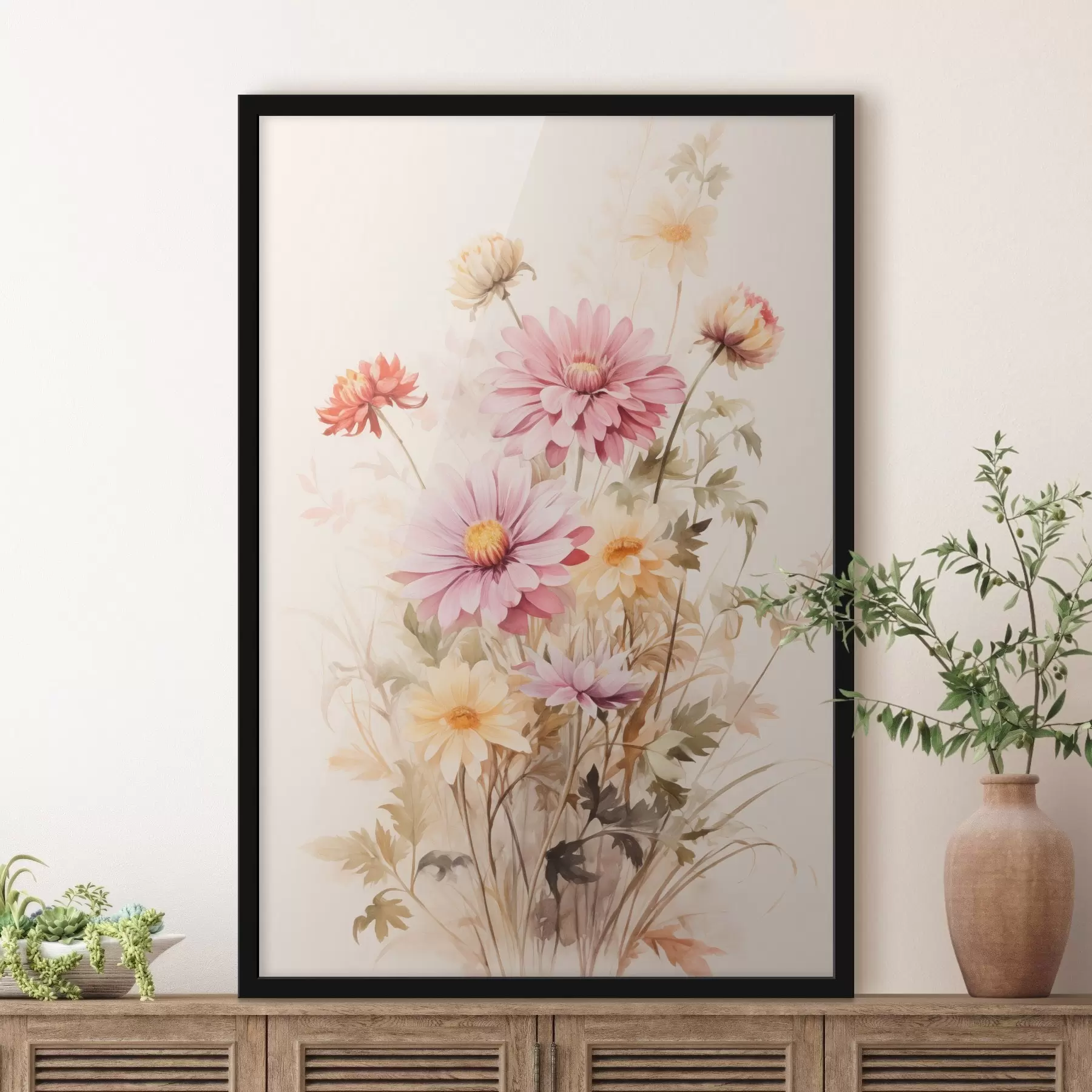 carta da parati Un bouquet di fiori colorati, stile acquerello morbido, su uno sfondo chiaro, illustrazione botanica nr. f45560