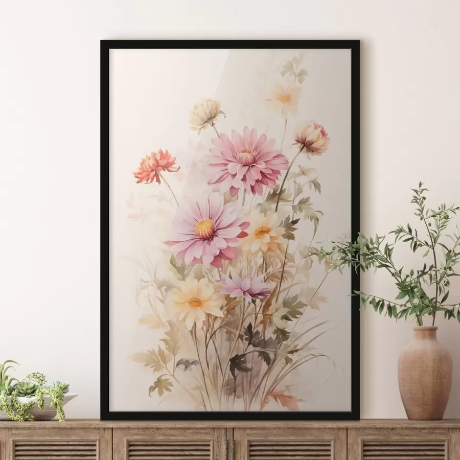 carta da parati Un bouquet di fiori colorati, stile acquerello morbido, su uno sfondo chiaro, illustrazione botanica nr. f45560