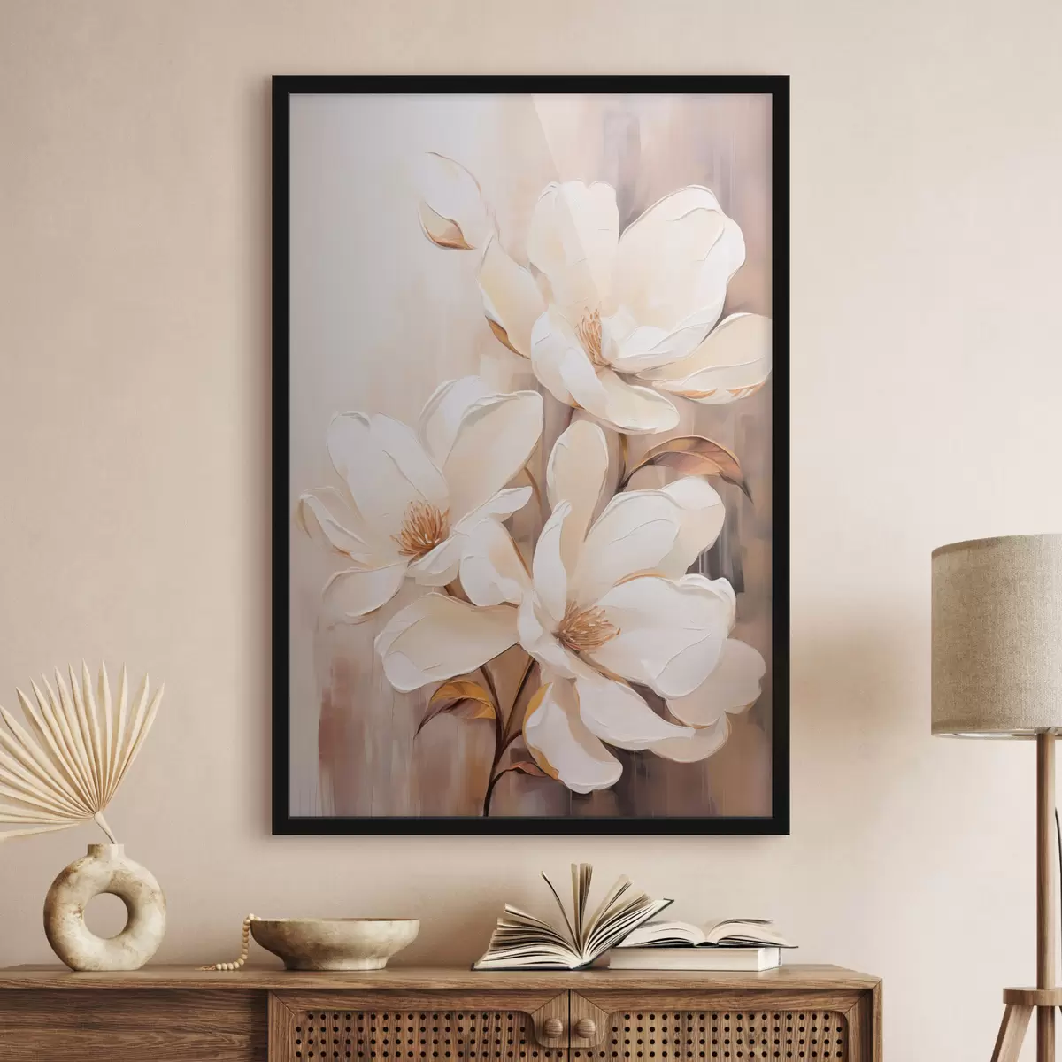 Poster Fiori di magnolia bianchi su uno sfondo morbido e sfocato di tonalità beige e marrone, elegante composizione floreale f45571
