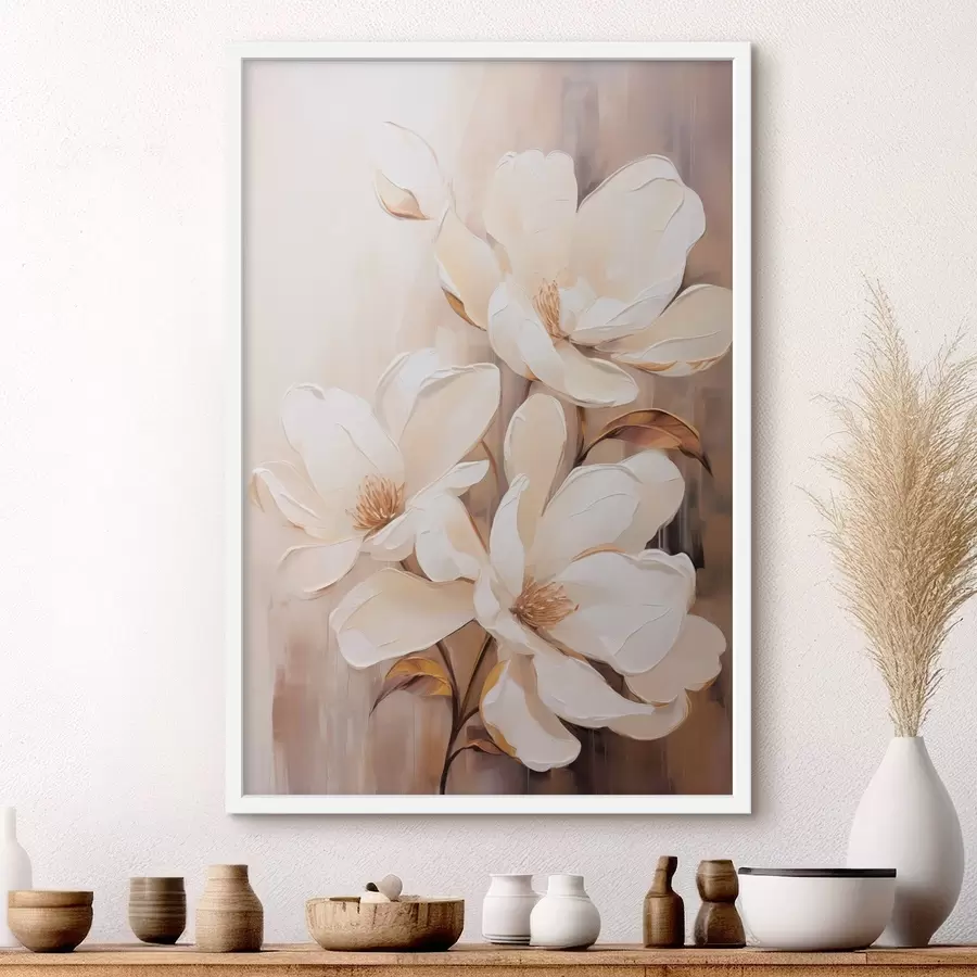 carta da parati Fiori di magnolia bianchi su uno sfondo morbido e sfocato di tonalità beige e marrone, elegante composizione floreale nr. f45571