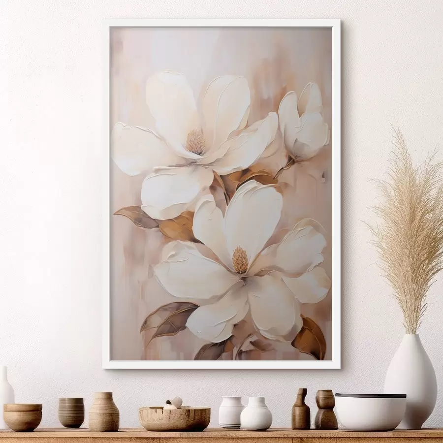 carta da parati Fiori di magnolia bianchi su uno sfondo morbido e sfocato di tonalità beige e marrone, stile pittura nr. f45572