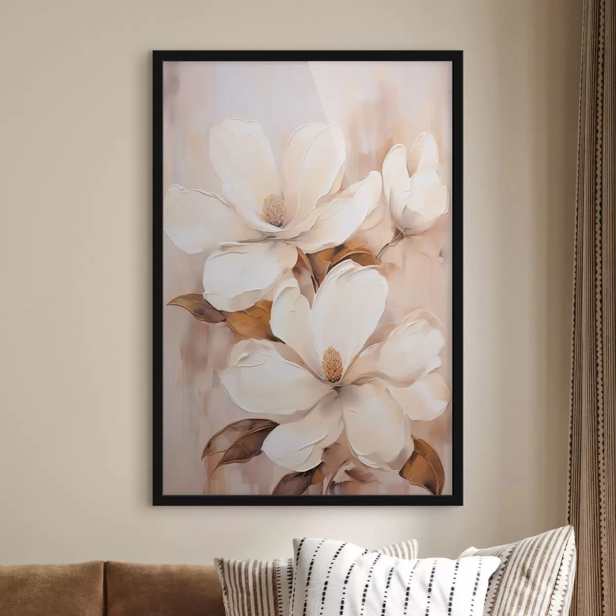Poster Fiori di magnolia bianchi su uno sfondo morbido e sfocato di tonalità beige e marrone, stile pittura f45572