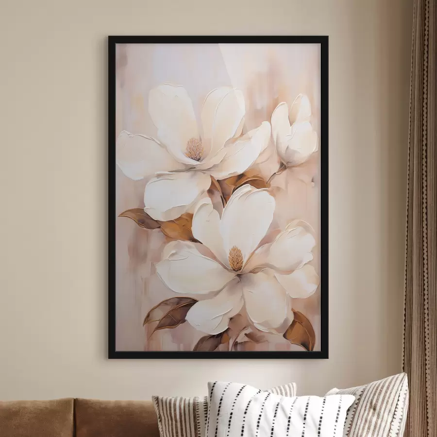 carta da parati Fiori di magnolia bianchi su uno sfondo morbido e sfocato di tonalità beige e marrone, stile pittura nr. f45572
