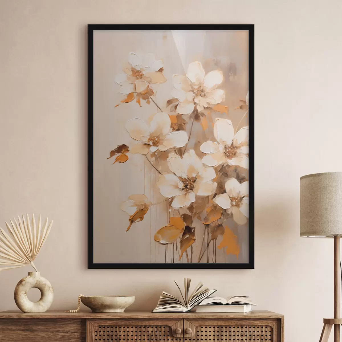 Poster Fiori bianchi con foglie arancioni, pennellate delicate, composizione floreale, arte botanica f45574