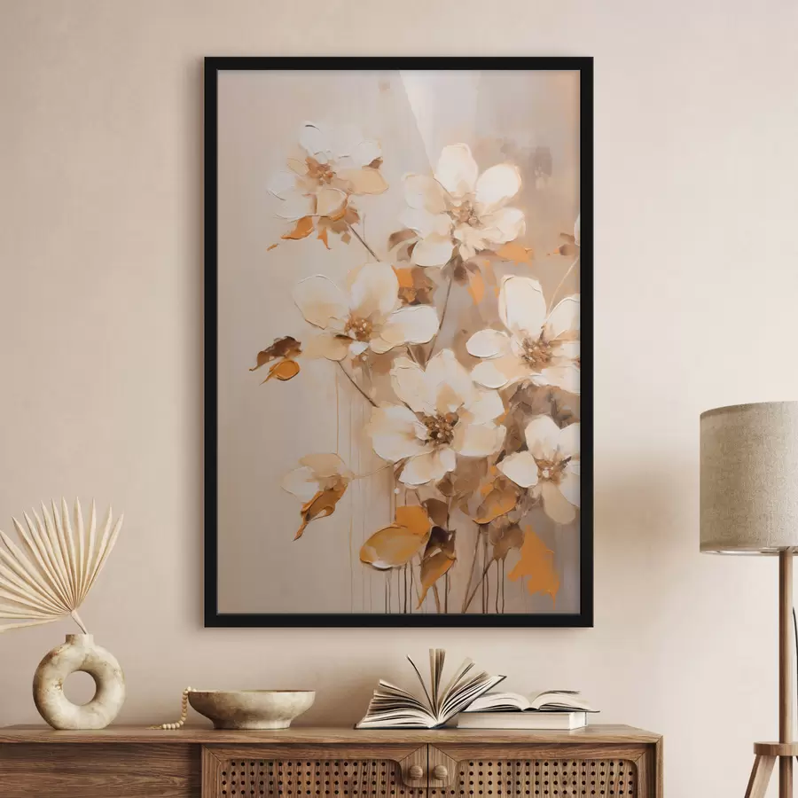 carta da parati Fiori bianchi con foglie arancioni, pennellate delicate, composizione floreale, arte botanica nr. f45574