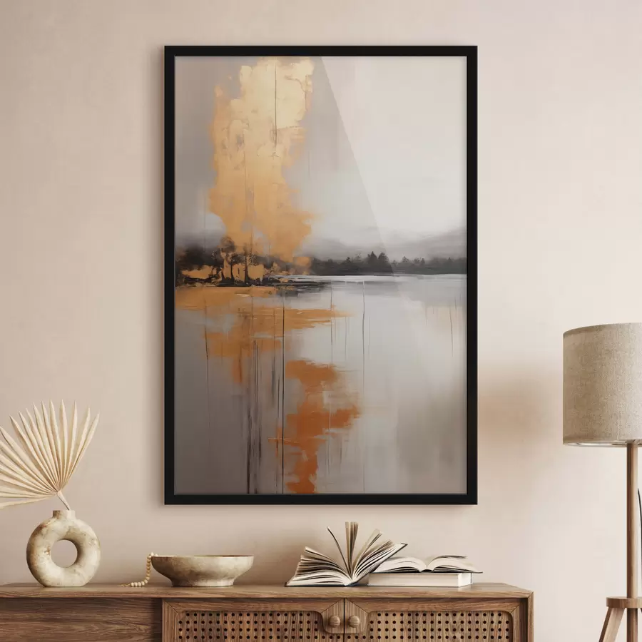 carta da parati Un paesaggio astratto con un lago, un albero e la nebbia gialla, l'acqua riflette e il cielo nuvoloso nr. f45575