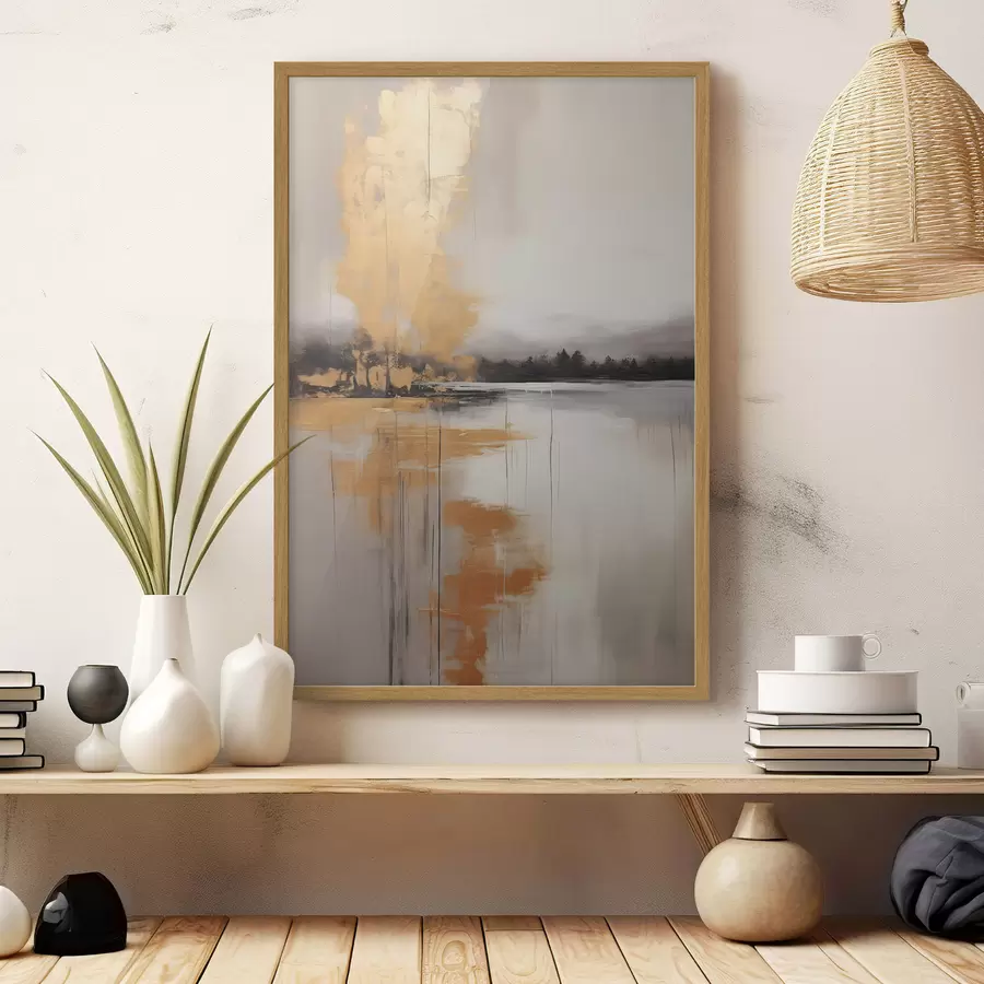 carta da parati Un paesaggio astratto con un lago, un albero e la nebbia gialla, l'acqua riflette e il cielo nuvoloso nr. f45575