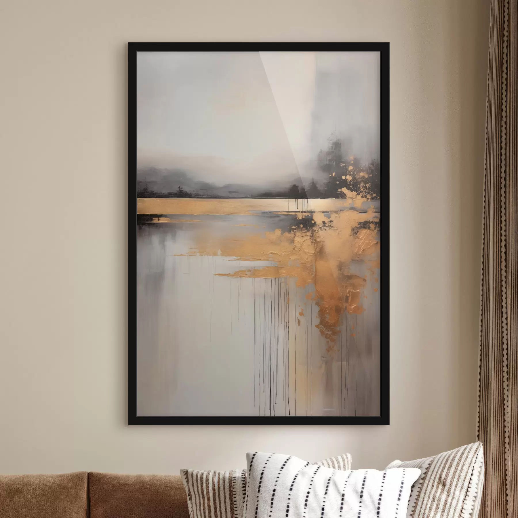 carta da parati Paesaggio astratto strutturato con un fiume e alberi scuri sullo sfondo, il cielo è nuvoloso nr. f45576