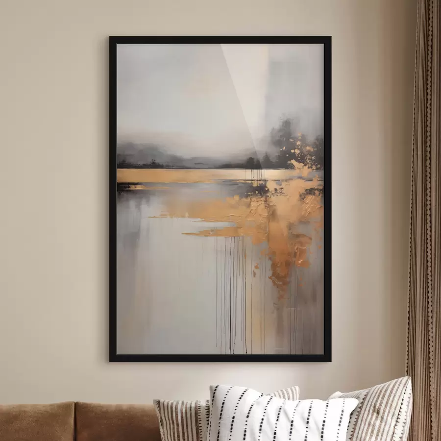 carta da parati Paesaggio astratto strutturato con un fiume e alberi scuri sullo sfondo, il cielo è nuvoloso nr. f45576