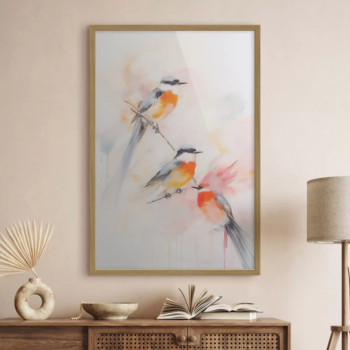 Poster Uccelli appollaiati sui rami, colori pastello tenui, sfondo chiaro con sfumature rosa e bianche f45577