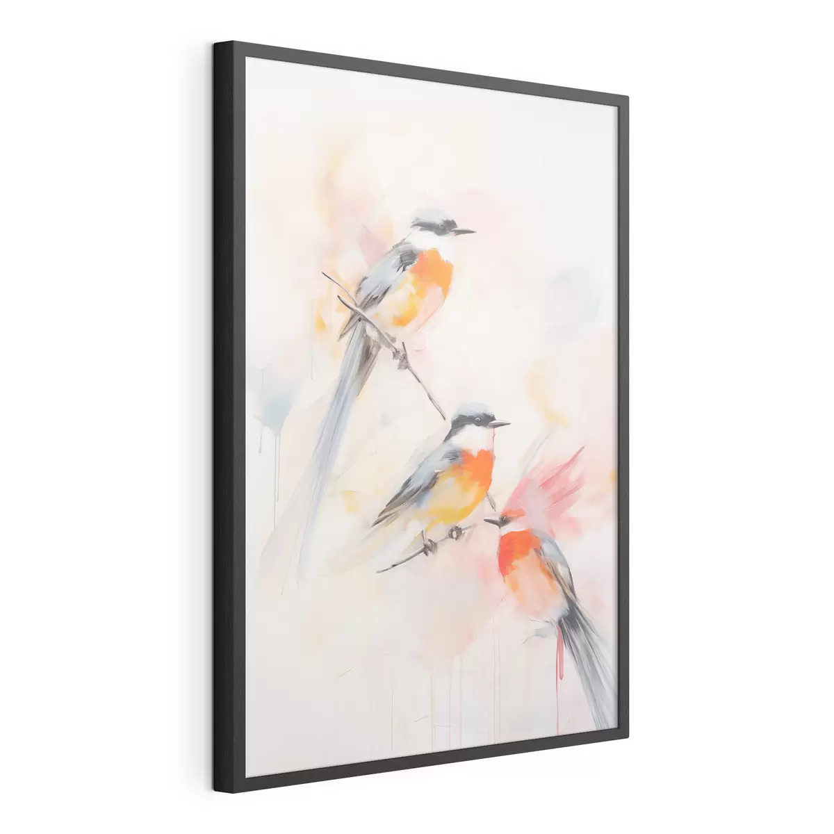 Poster Uccelli appollaiati sui rami, colori pastello tenui, sfondo chiaro con sfumature rosa e bianche f45577