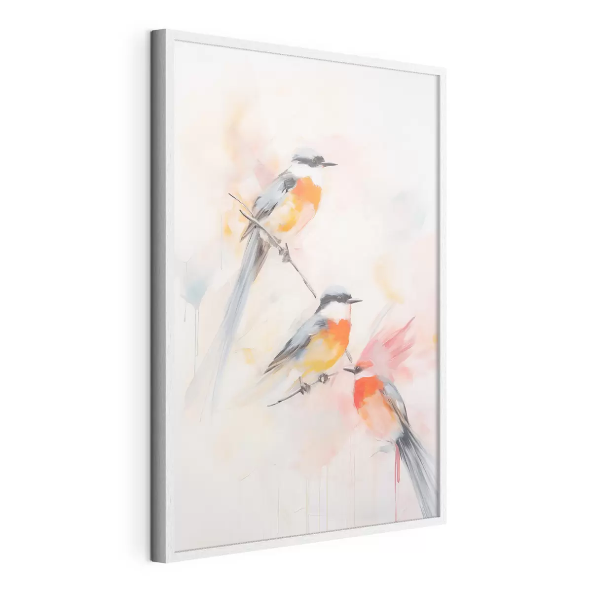 Poster Uccelli appollaiati sui rami, colori pastello tenui, sfondo chiaro con sfumature rosa e bianche f45577