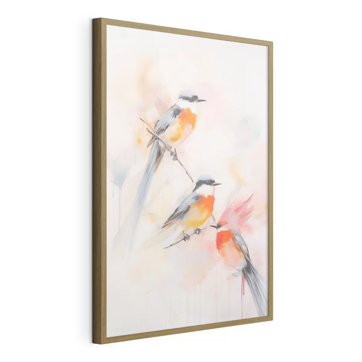 Poster Uccelli appollaiati sui rami, colori pastello tenui, sfondo chiaro con sfumature rosa e bianche f45577