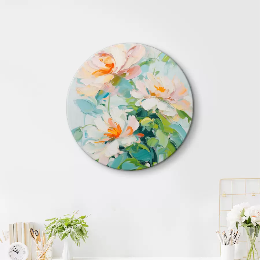 carta da parati Fiori di pesco bianchi e pastello, foglie verdi, imitazione di pittura ad olio con pennellate morbide, sfondo blu chiaro nr. r45550