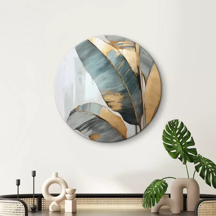 carta da parati Un insieme di foglie di banano blu, grigie e gialle con pennellate visibili, su uno sfondo bianco astratto nr. r45551