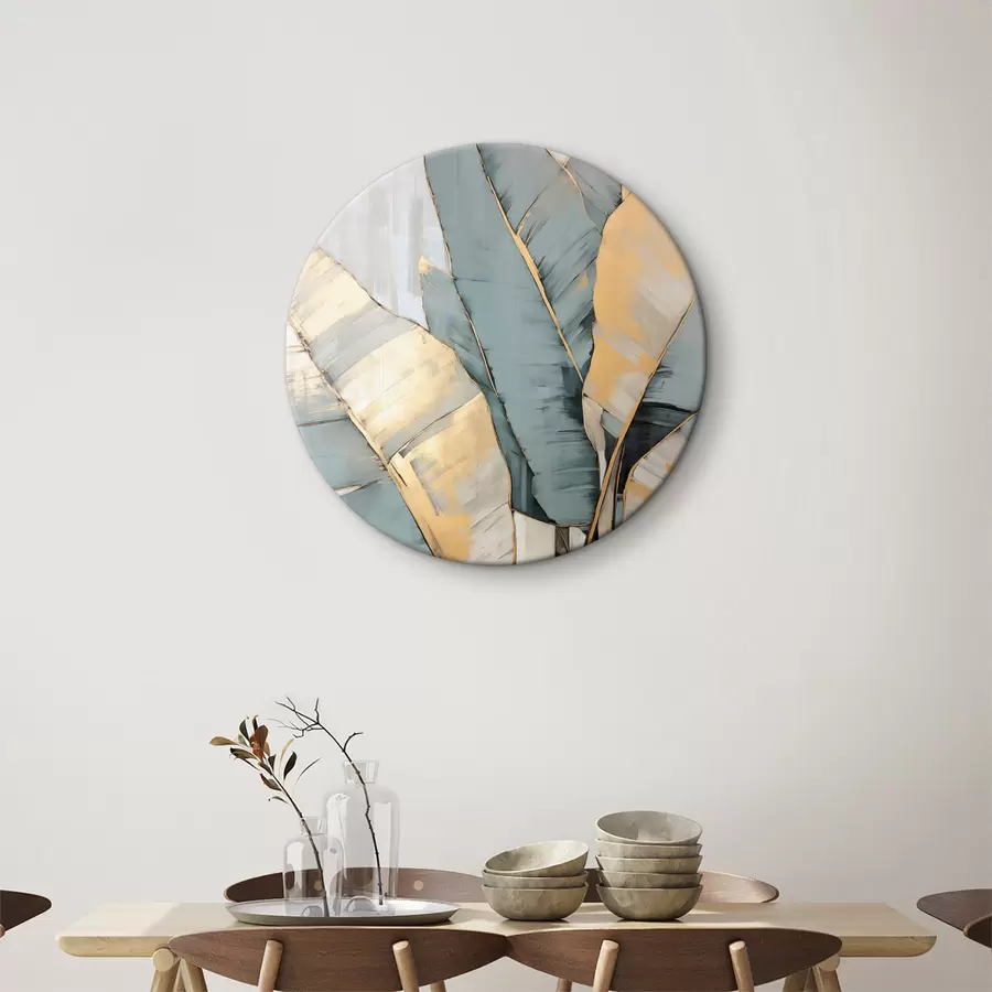 carta da parati Foglie di banano blu, grigie e gialle con pennellate visibili, su uno sfondo bianco astratto nr. r45552