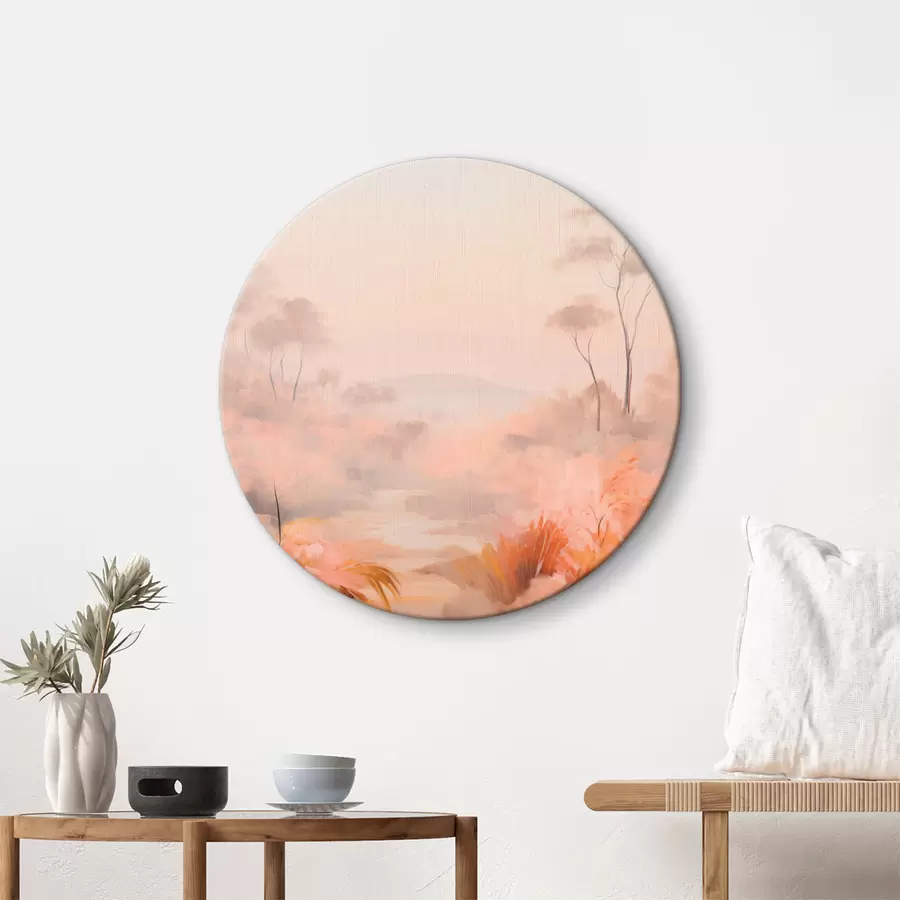 carta da parati Un paesaggio con cespugli e alberi nei toni del rosa, dell'arancio e del marrone, con le montagne sullo sfondo nr. r45553