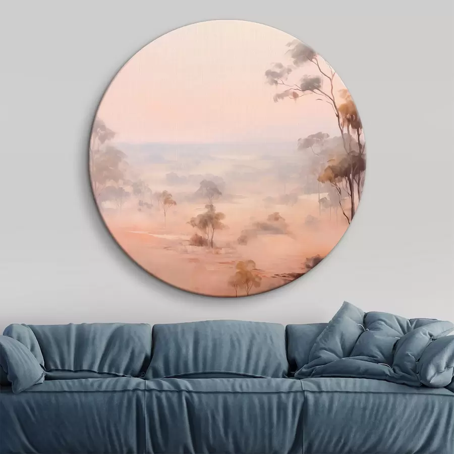 carta da parati Un paesaggio con cespugli e alberi nei toni pastello del rosa, dell'arancione e del marrone, con le montagne sullo sfondo nr. r45554