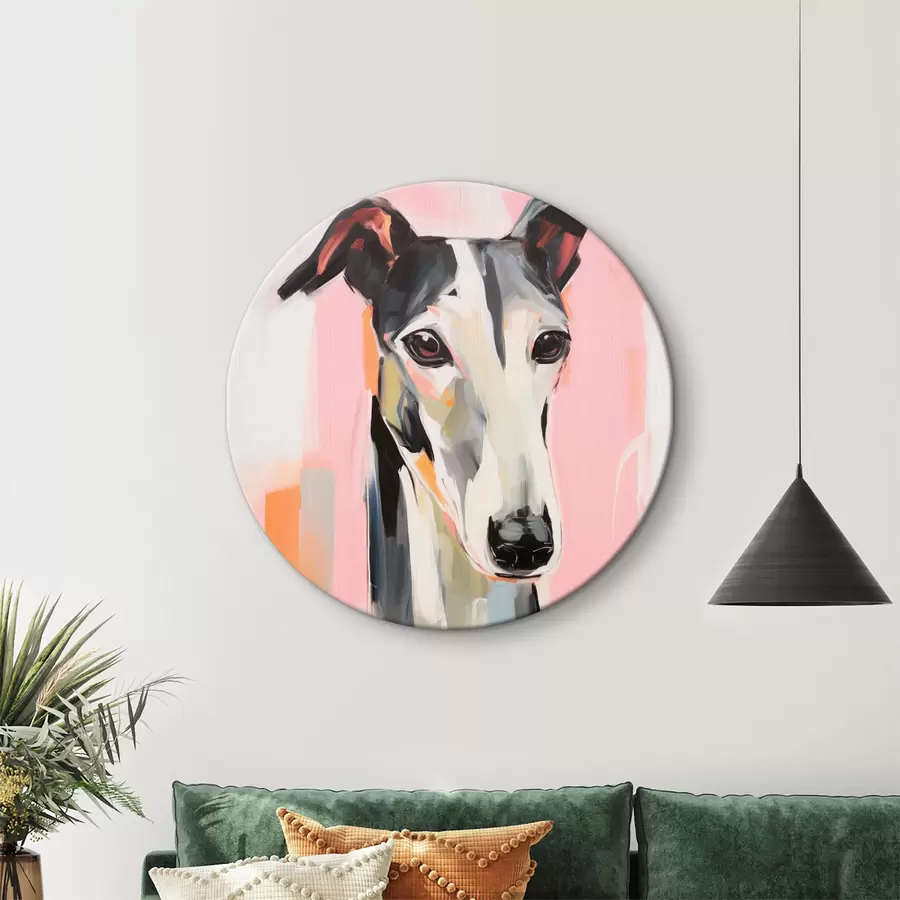 carta da parati Un levriero su uno sfondo di pennellate rosa, arancioni e bianche nr. r45566