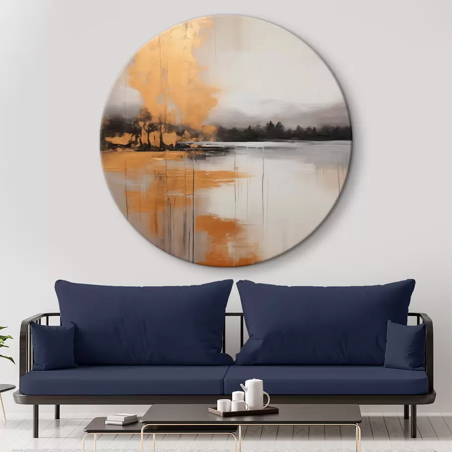 carta da parati Un paesaggio astratto con un lago, un albero e la nebbia gialla, l'acqua riflette e il cielo nuvoloso nr. r45575