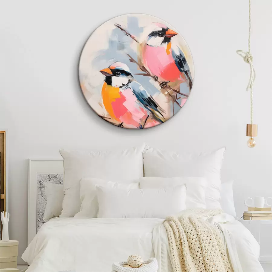 carta da parati Uccelli colorati appollaiati su un ramo su un morbido sfondo color pastello nr. r45578