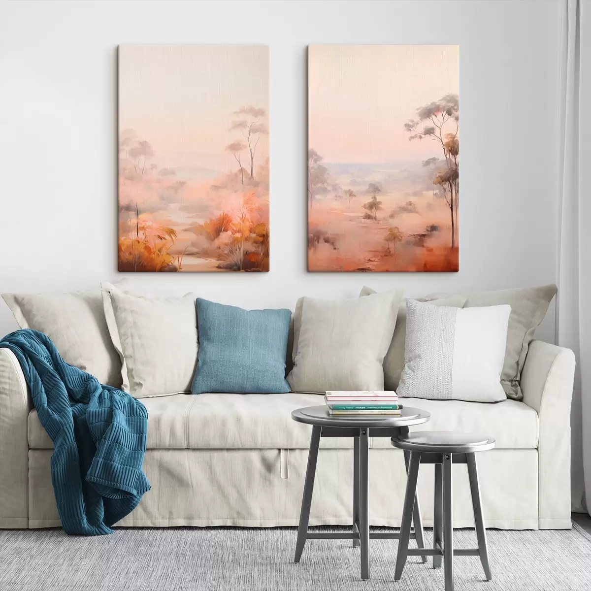 carta da parati Un paesaggio con cespugli e alberi nei toni del rosa, dell'arancio e del marrone, con le montagne sullo sfondo nr. m00646