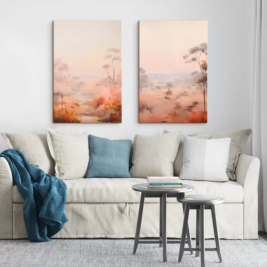 carta da parati Un paesaggio con cespugli e alberi nei toni del rosa, dell'arancio e del marrone, con le montagne sullo sfondo nr. m00646