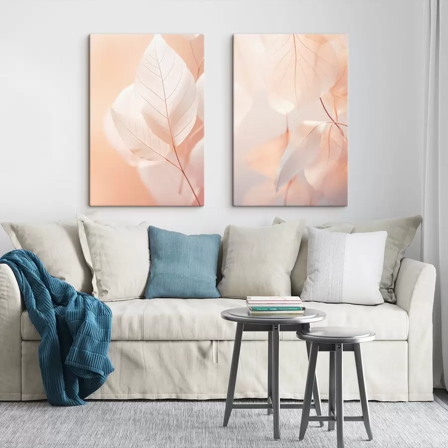 carta da parati Primo piano di foglie traslucide con venature delicate, tavolozza di colori bianco e pesca, sfondo sfocato nr. m00647