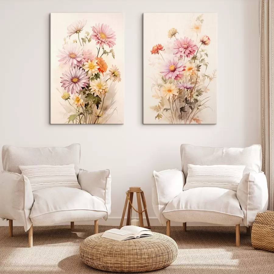 carta da parati Un bouquet di fiori colorati, stile acquerello morbido, su uno sfondo chiaro, illustrazione botanica nr. m00649