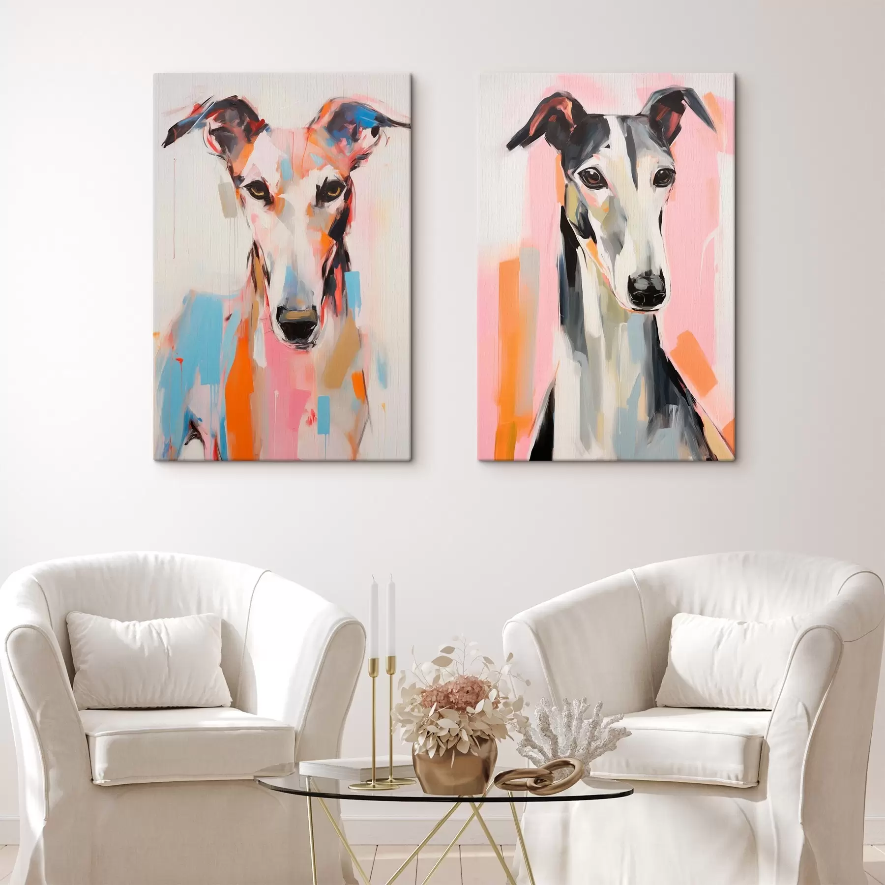 carta da parati Un cane levriero, dipinto con colori vivaci come l'arancione, il rosa e il blu, su uno sfondo bianco nr. m00652