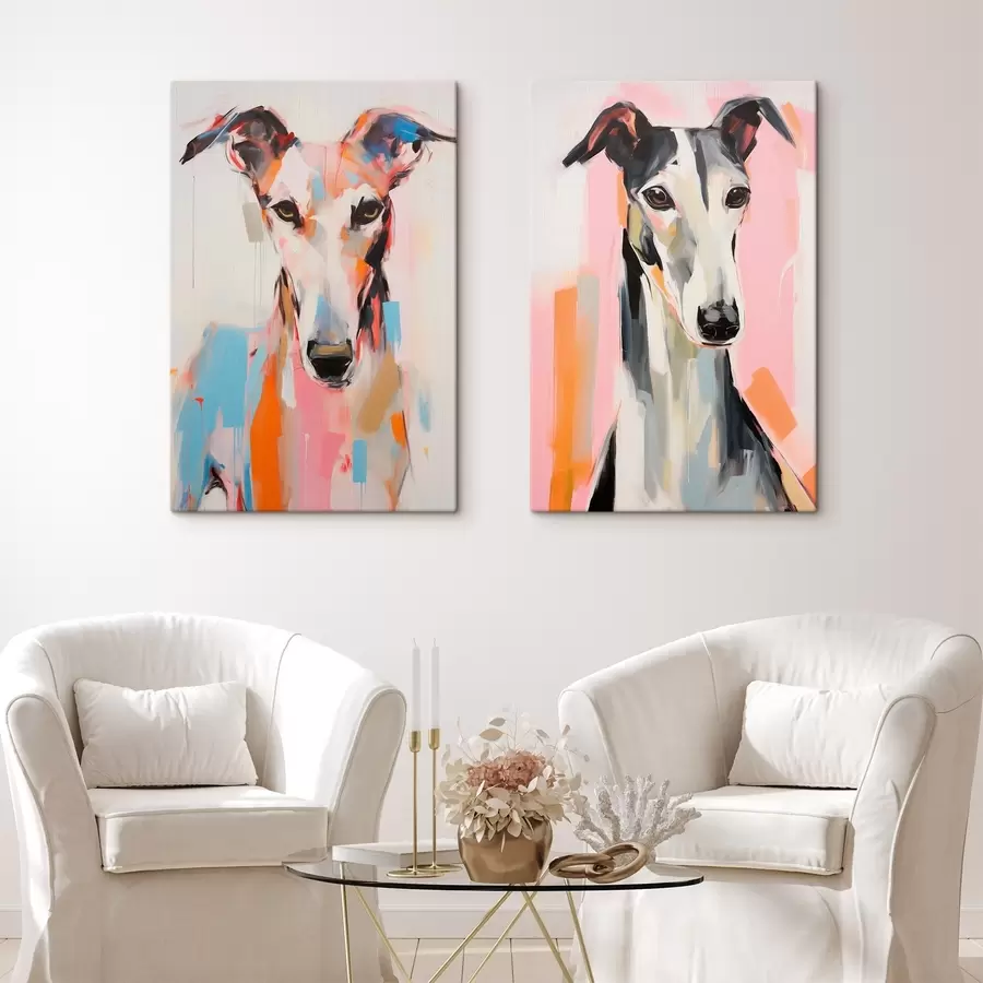 carta da parati Un cane levriero, dipinto con colori vivaci come l'arancione, il rosa e il blu, su uno sfondo bianco nr. m00652