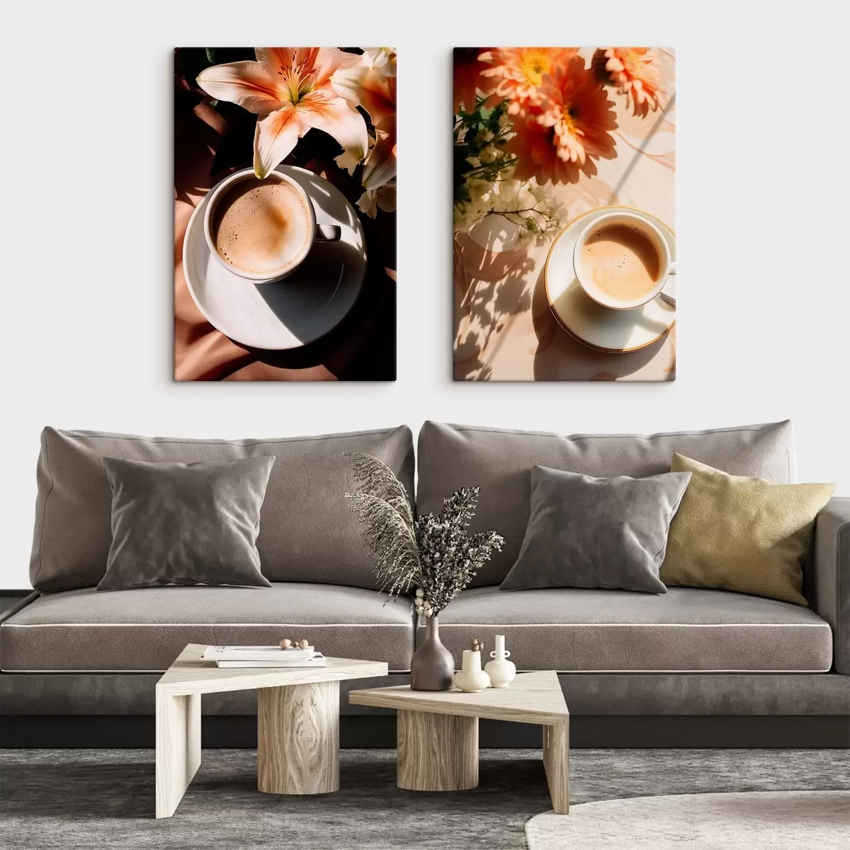 carta da parati Una tazza di caffè con schiuma su un piatto bianco, alcuni fiori sullo sfondo, con la luce del sole nr. m00654