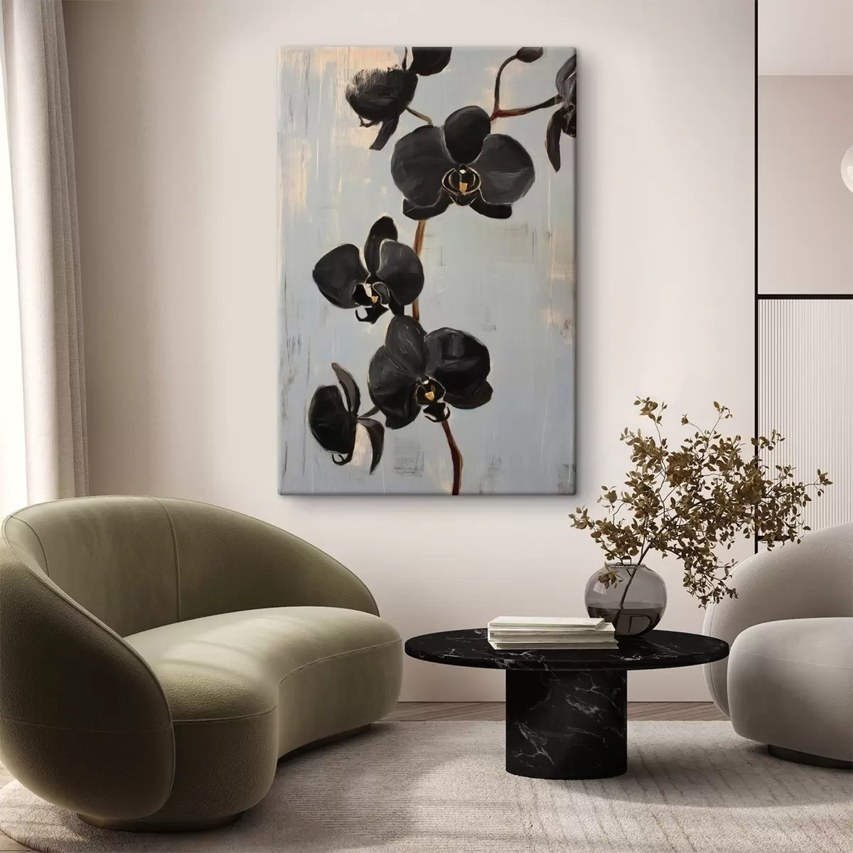 carta da parati Orchidee decorative: fiori neri su sfondo grigio nr. s45547